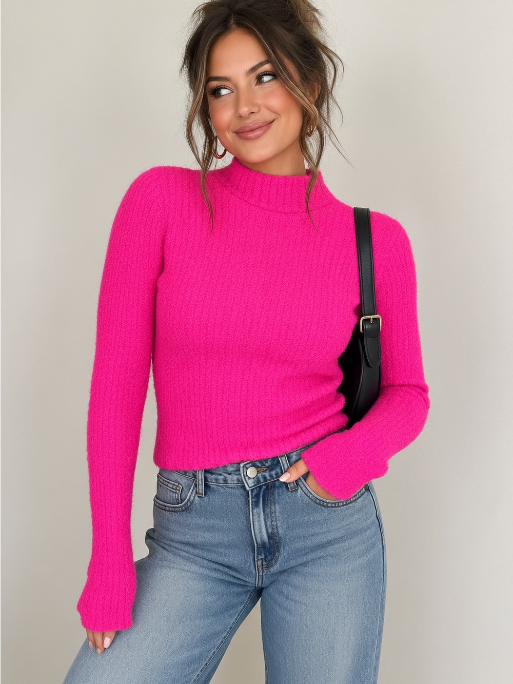 Anthropologie Hot Pink Ribbed Mock Neck Sweater